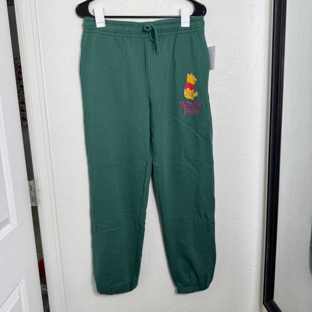 Disney Winnie the Pooh Joggers Women Large Green Graphic Fleece Sweatpants NWT